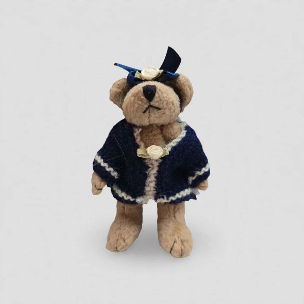 Small Tan Plush Teddy Bear Navy Knit Sweater Jacket Rose Bow Vintage Style Stuff
